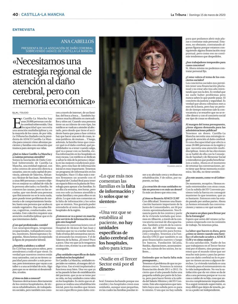 Entrevista a la presidenta de ADACE CLM en La Tribuna de Toledo formato imagen
